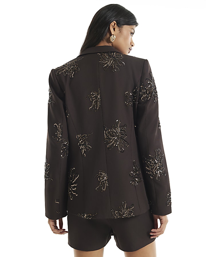 Brown Sequin Embellished Blazer