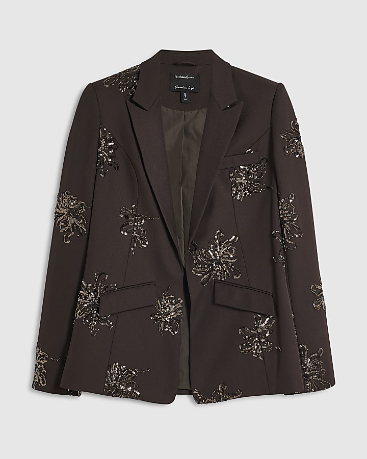 Brown Sequin Embellished Blazer