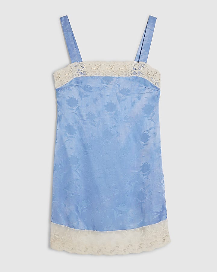 Blue Lace Trim Floral Satin Slip Dress