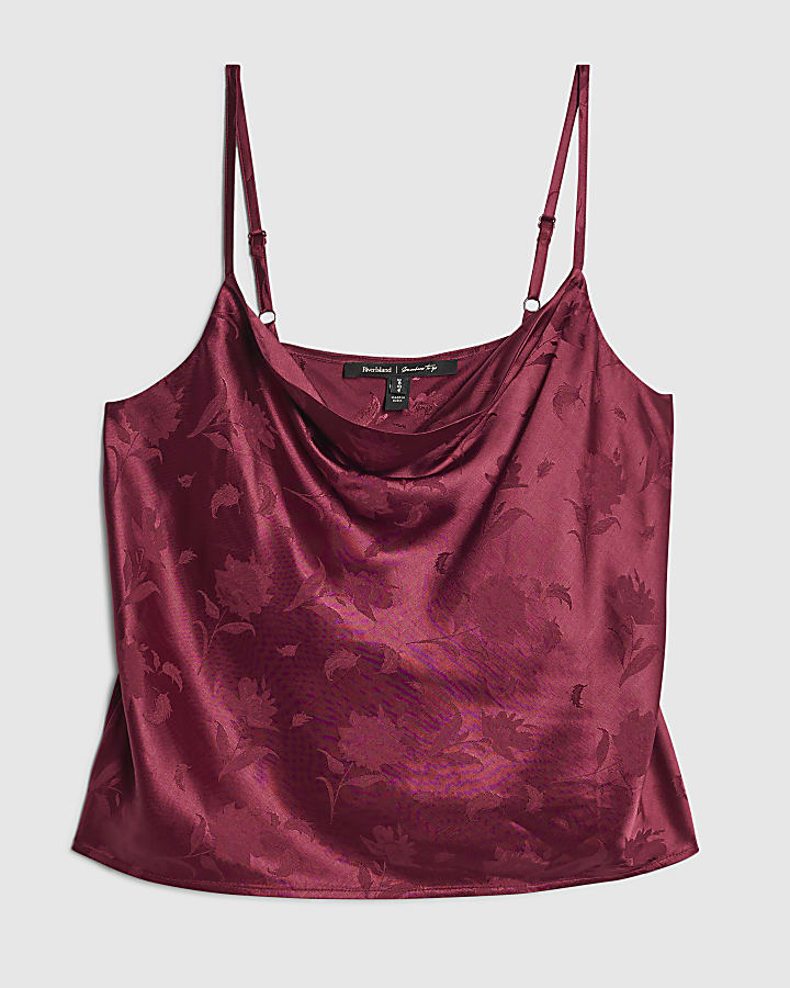 Red Cowl Neck Satin Jacquard Cami Top