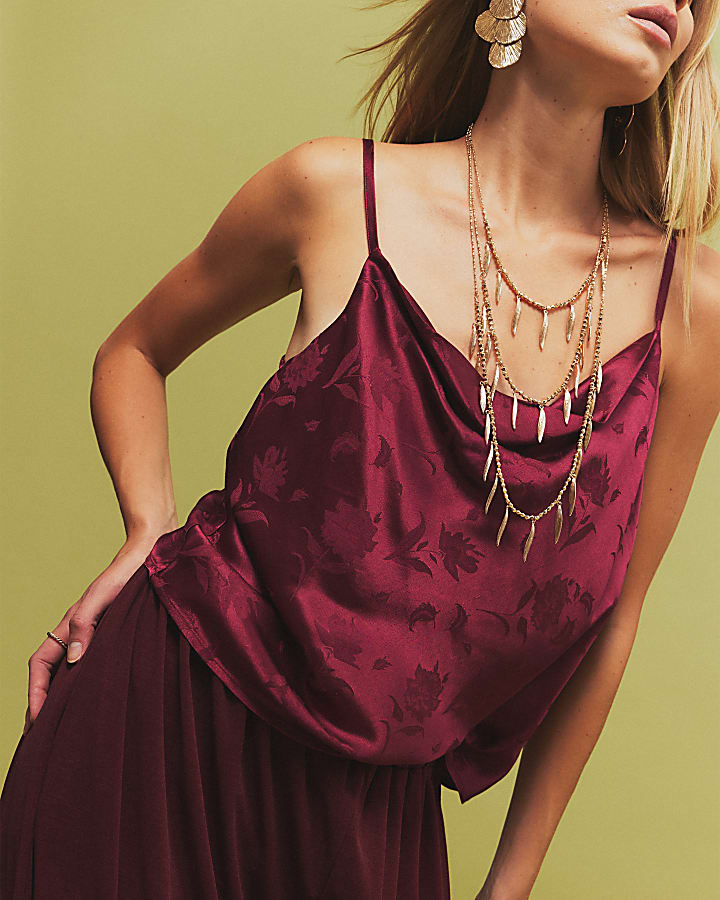 Red Cowl Neck Satin Jacquard Cami Top