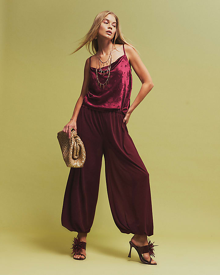 Red Cowl Neck Satin Jacquard Cami Top