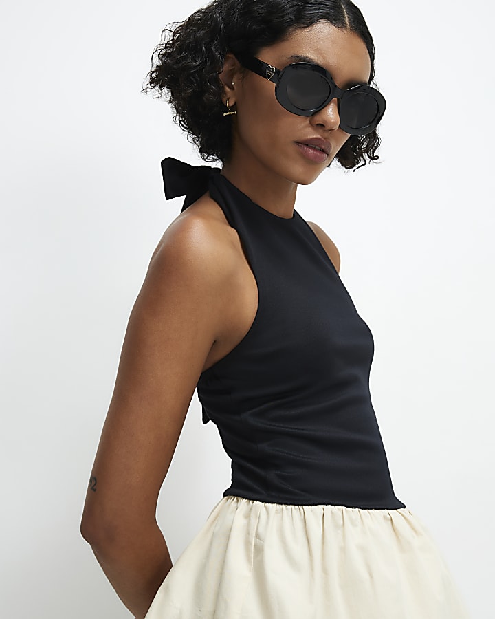 Black Racer Neck Hybrid Peplum Top