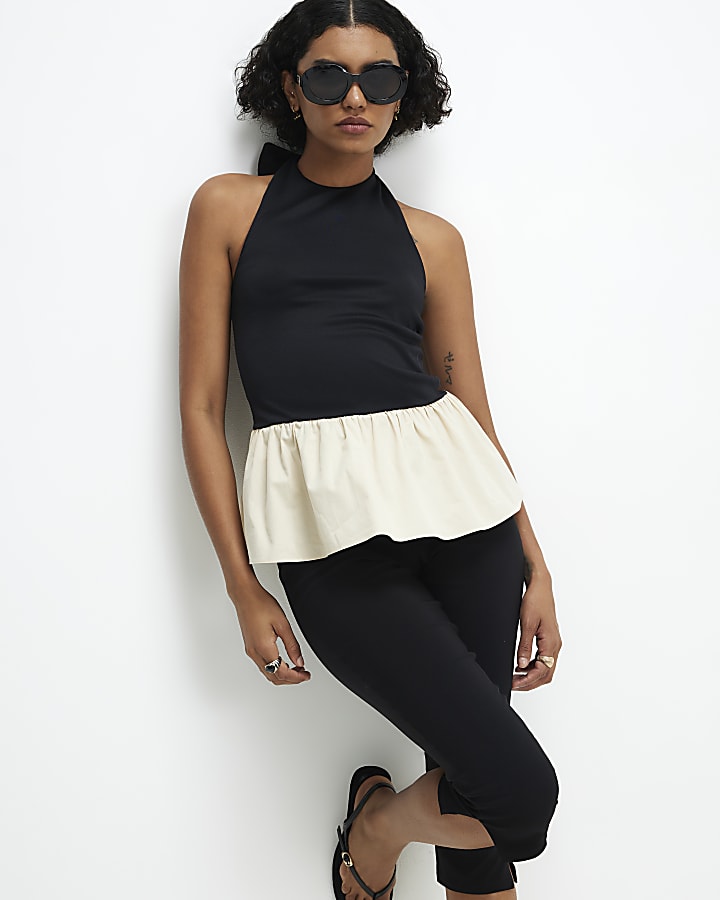 Black Racer Neck Hybrid Peplum Top