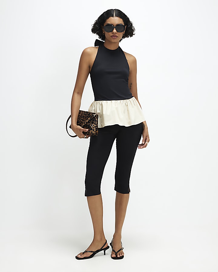 Black Racer Neck Hybrid Peplum Top