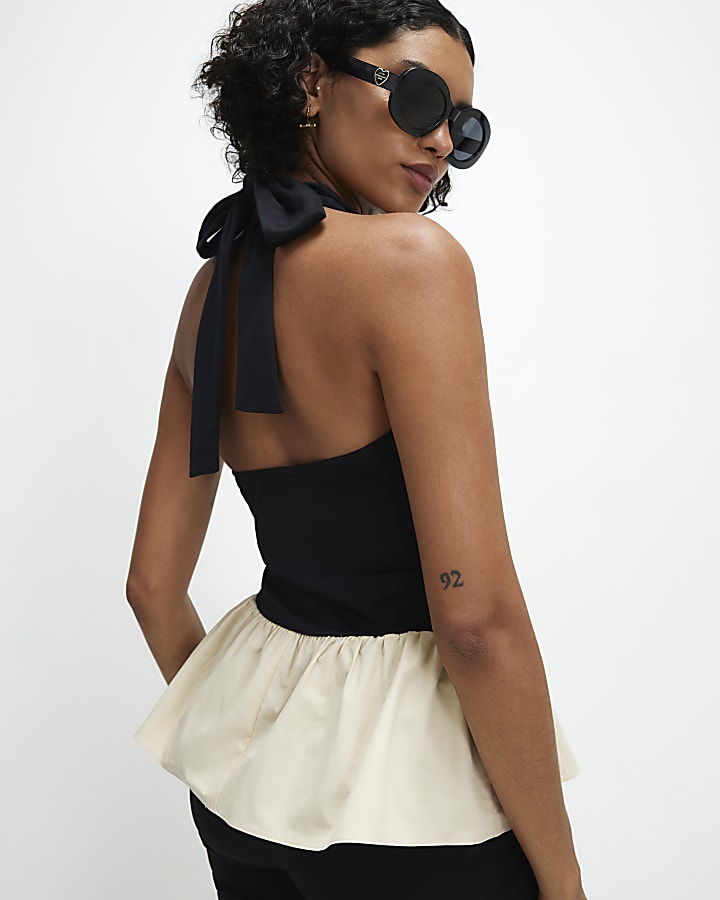 Black Racer Neck Hybrid Peplum Top