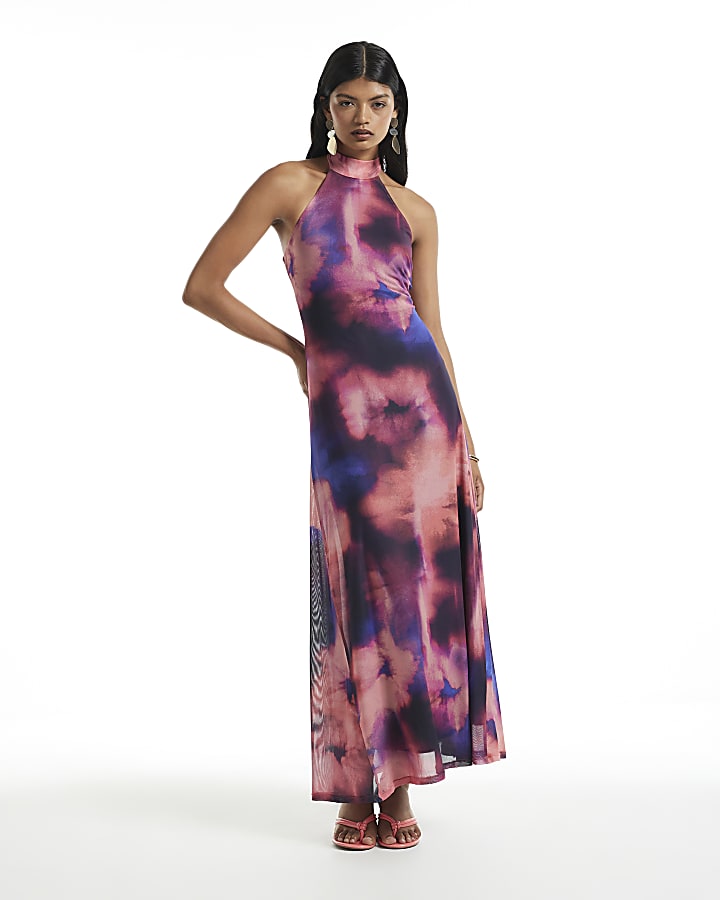 Coral Sleeveless Halter Mesh Dress