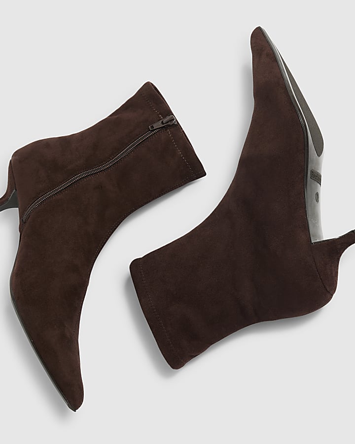 Brown Faux Suede Kitten Heel Sock Boots