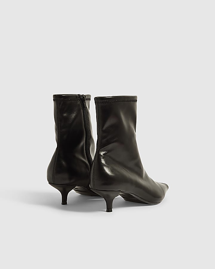 Black Faux Leather Kitten Heel Ankle Boots