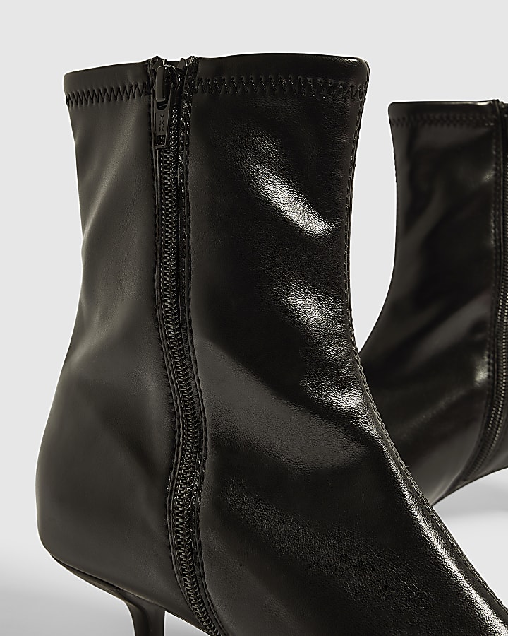 Black Faux Leather Kitten Heel Ankle Boots