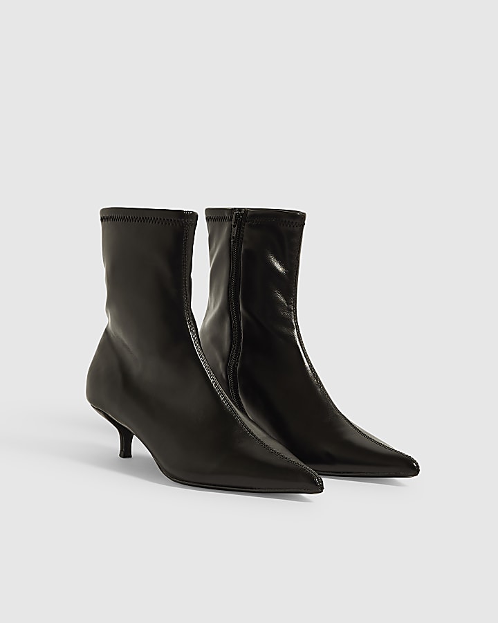 Black Faux Leather Kitten Heel Ankle Boots