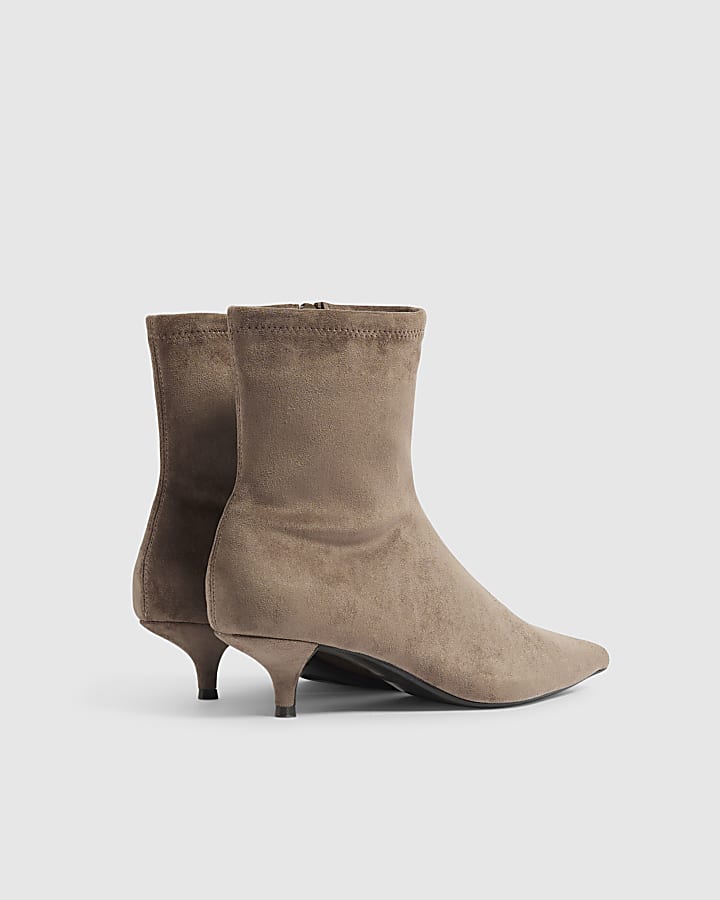 Beige Faux Suede Kitten Heel Sock Ankle Boots