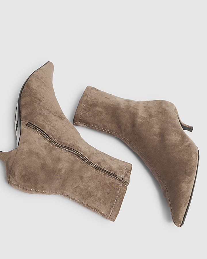 Beige Faux Suede Kitten Heel Sock Ankle Boots