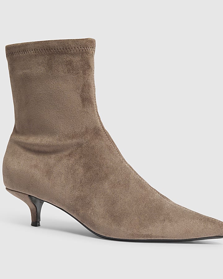 Beige Faux Suede Kitten Heel Sock Ankle Boots
