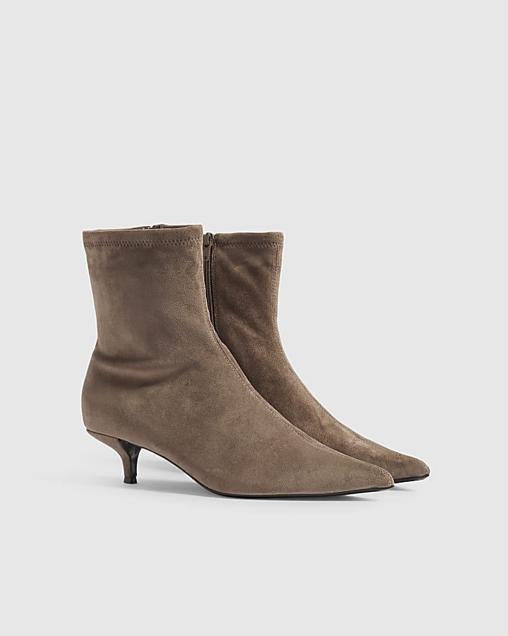 Beige Faux Suede Kitten Heel Sock Ankle Boots