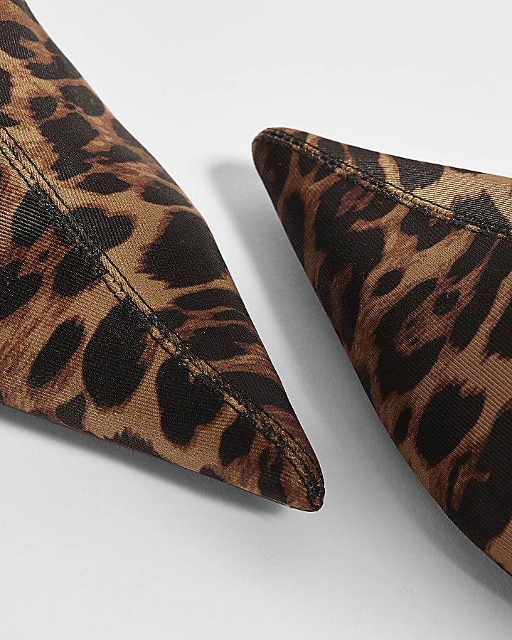 Brown Leopard Print Kitten Heel Sock Boots