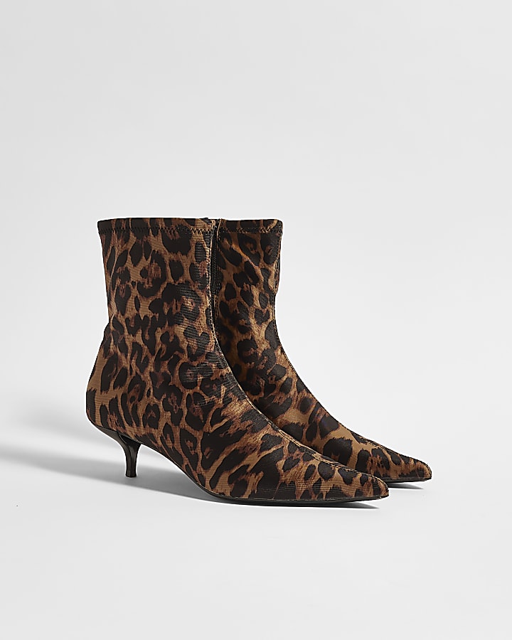 Brown Leopard Print Kitten Heel Sock Boots