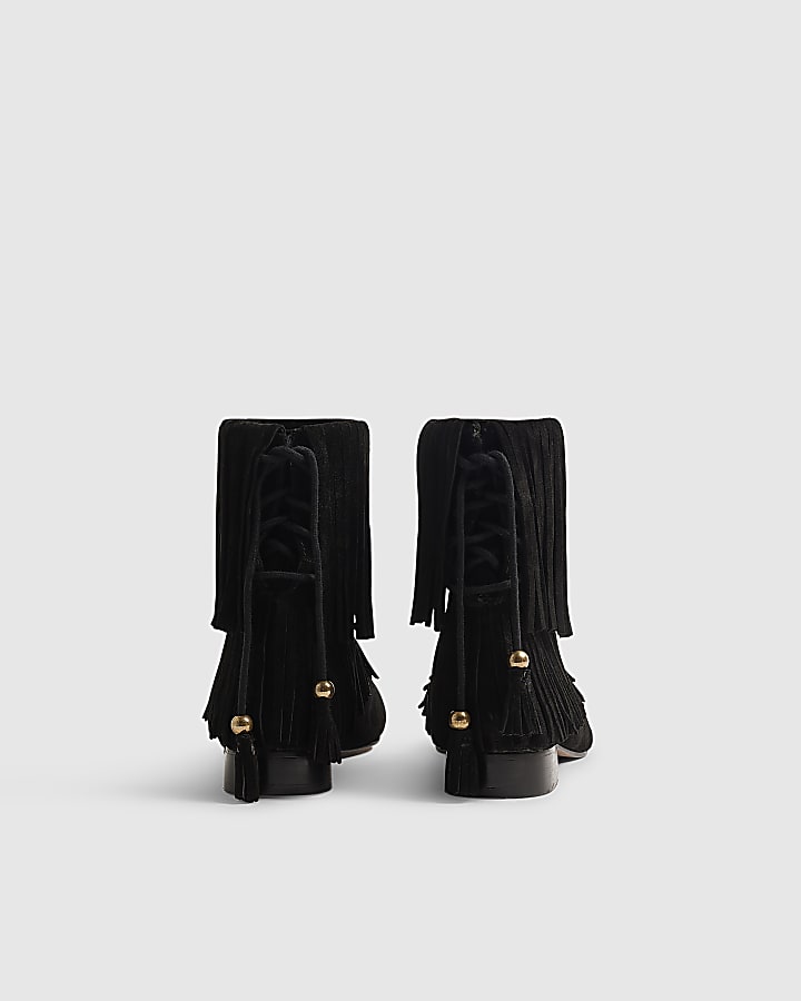 Black Suede Tassel Block Heel Boots