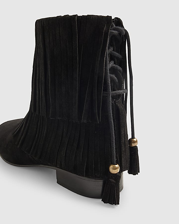 Black Suede Tassel Block Heel Boots