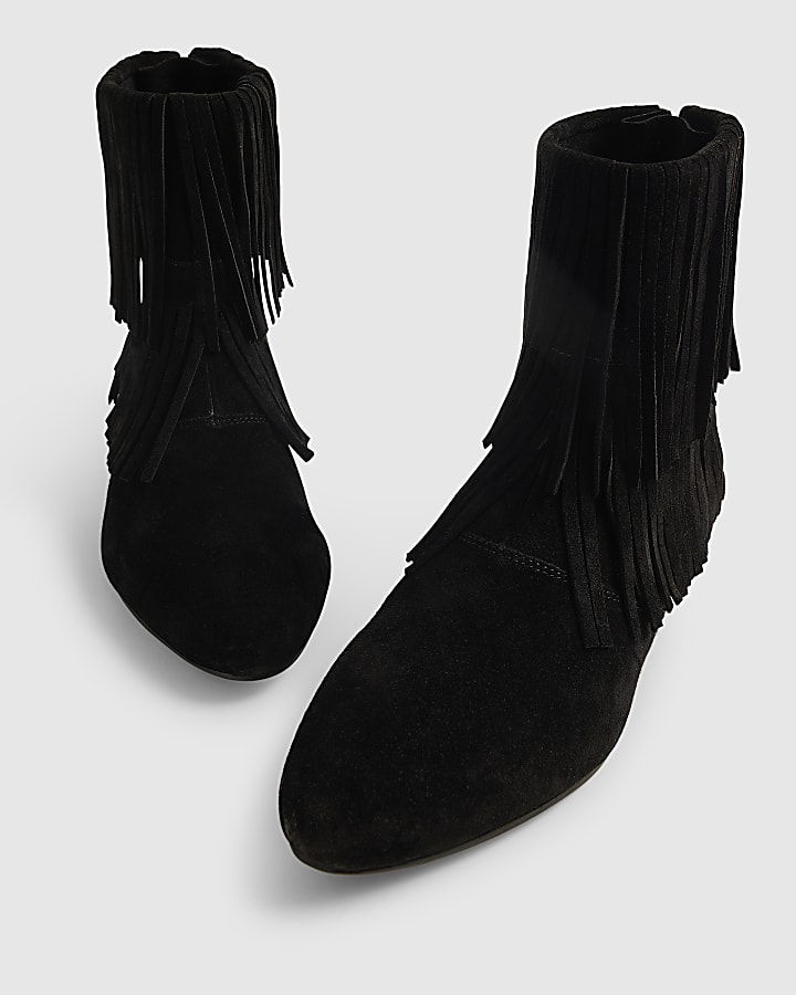 Black Suede Tassel Block Heel Boots