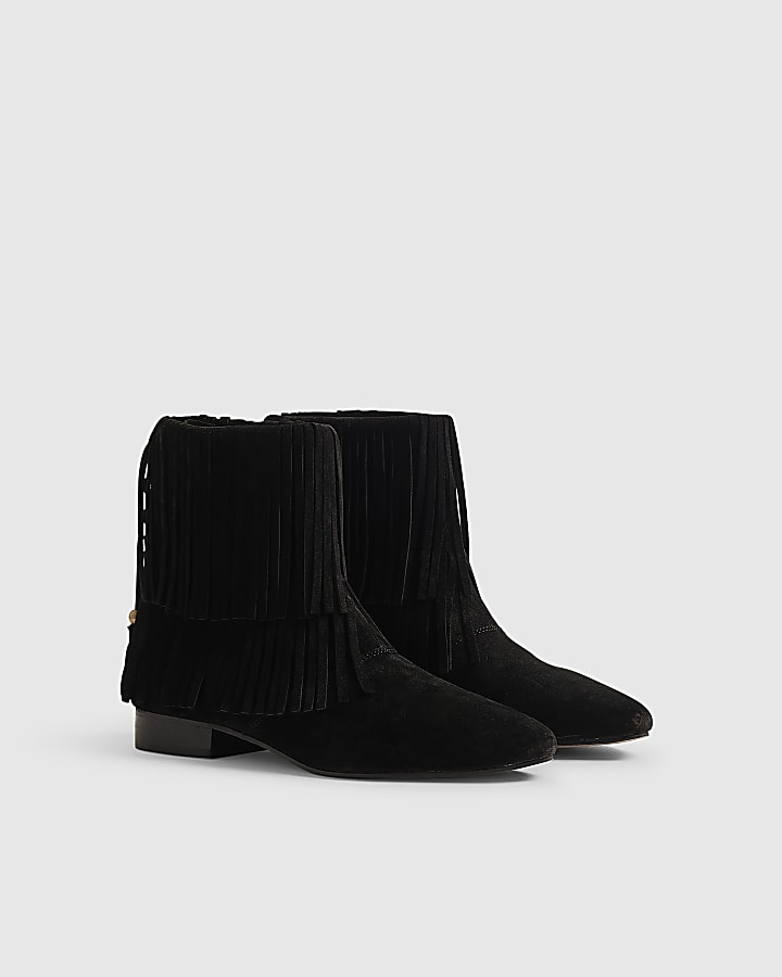 Black Suede Tassel Block Heel Boots