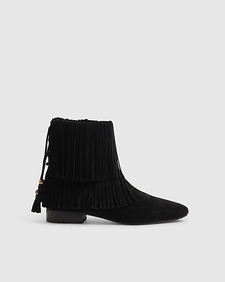 Black Suede Tassel Block Heel Boots