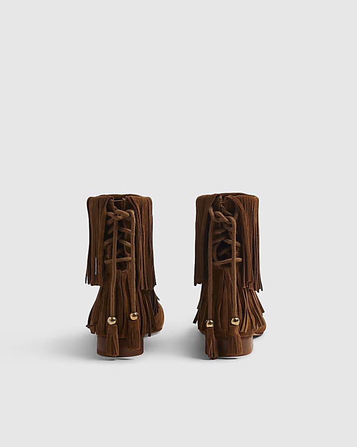 Brown Suede Tassel Block Heel Boots