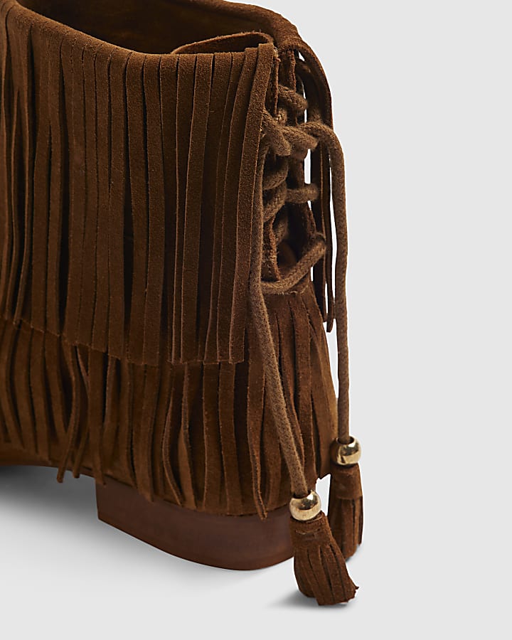 Brown Suede Tassel Block Heel Boots