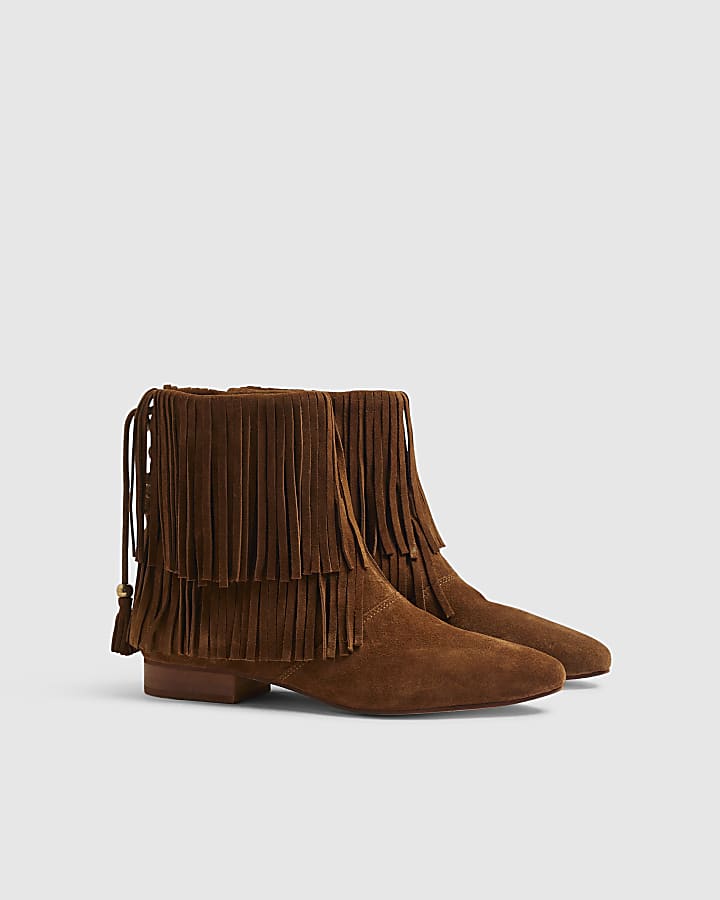 Brown Suede Tassel Block Heel Boots