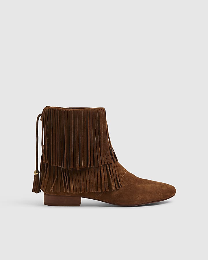 Brown Suede Tassel Block Heel Boots