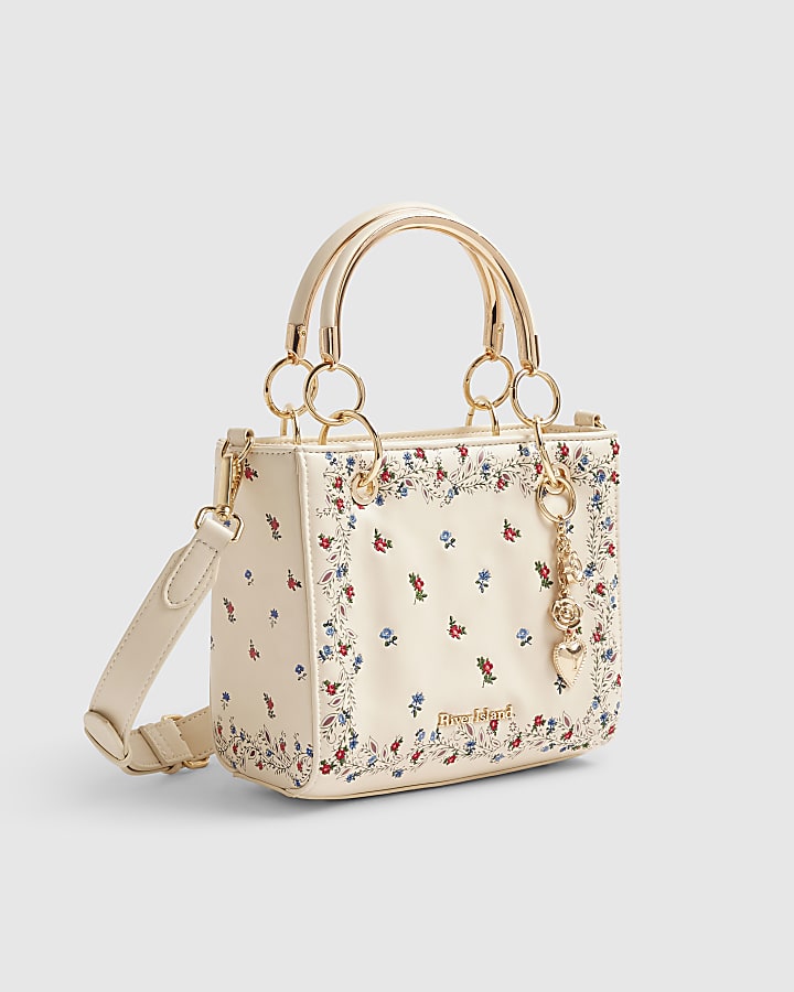 Cream Floral Embroidered Tote Bag
