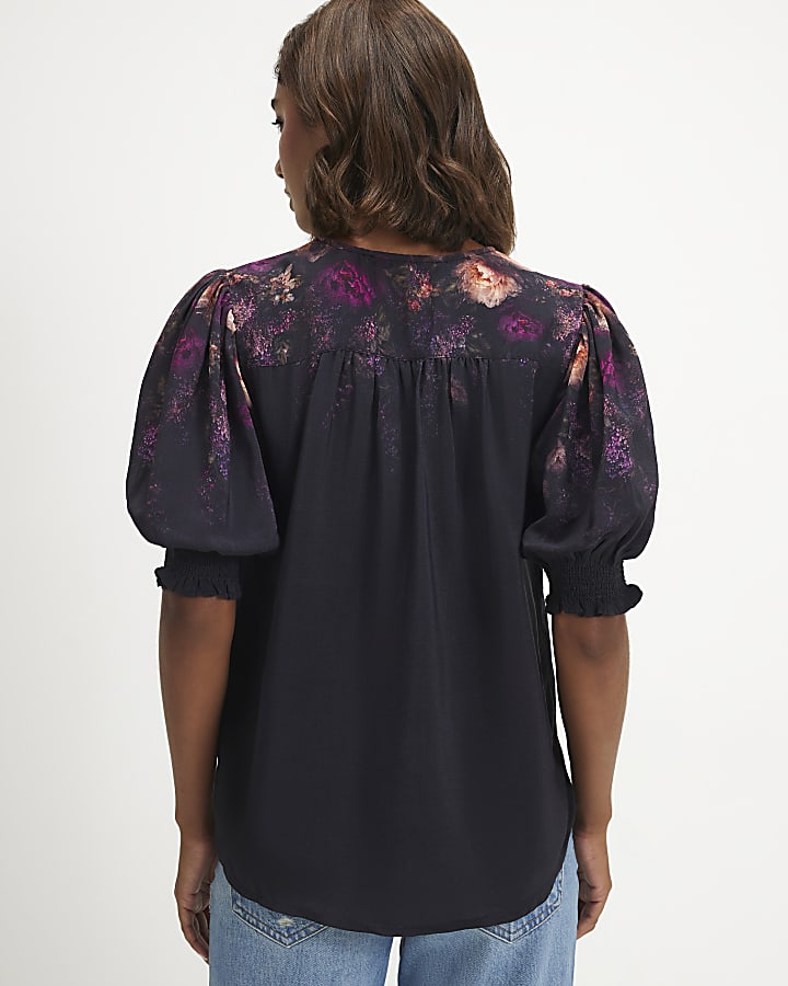 Black Floral Short Sleeve Blouse