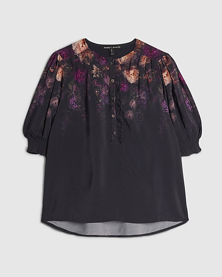Black Floral Short Sleeve Blouse