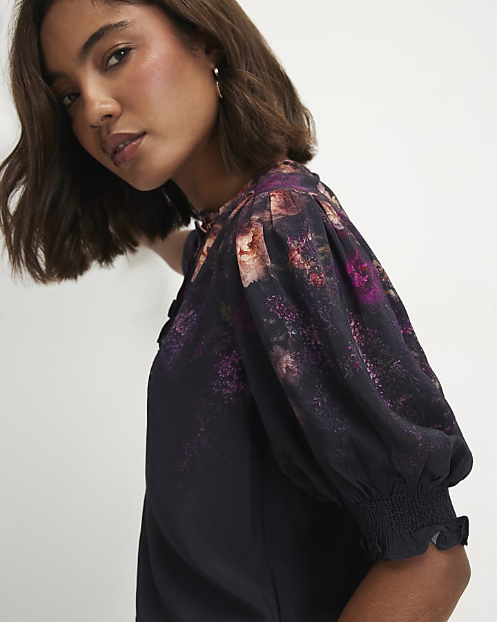 Black Floral Short Sleeve Blouse