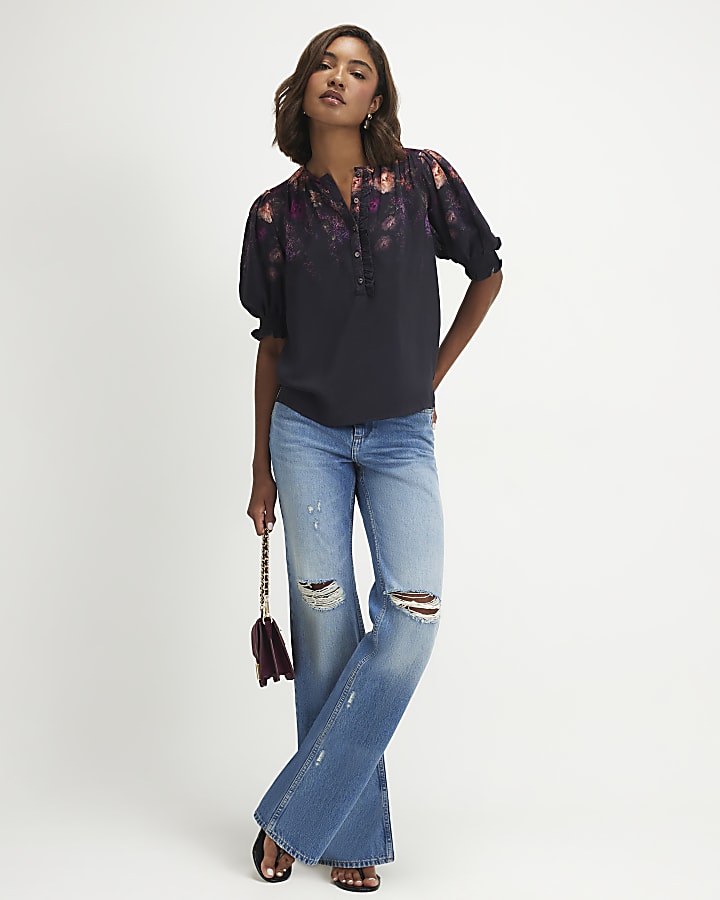 Black Floral Short Sleeve Blouse