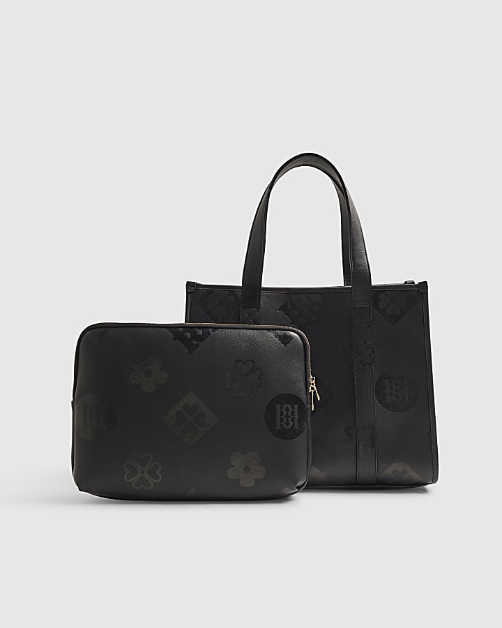 Black Logo Embossed Large Tote Bag Set