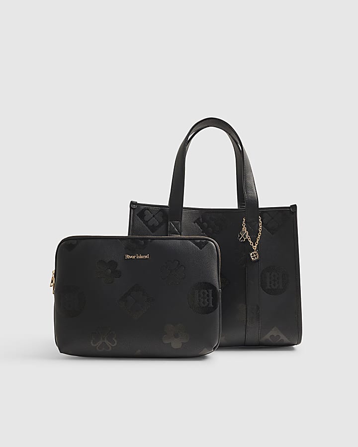 Black Logo Embossed Large Tote Bag Set