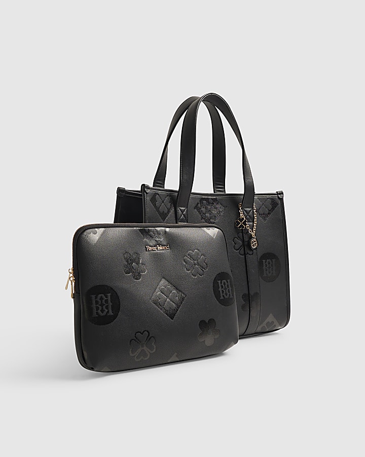 Black Logo Embossed Large Tote Bag Set