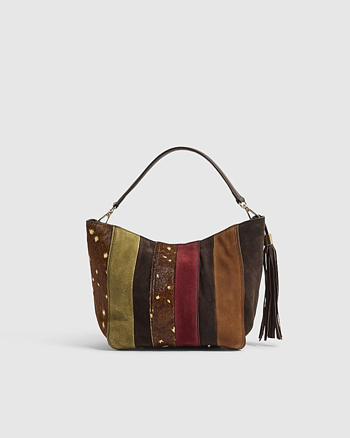 Brown Leather Patchwork Bucket Bag