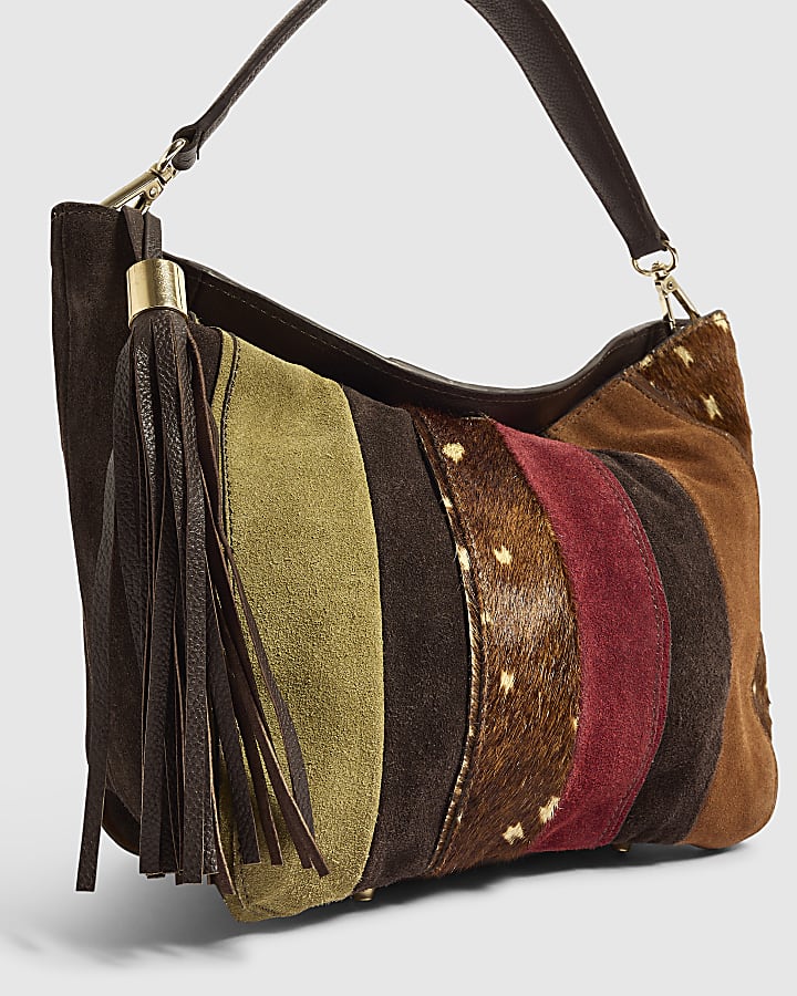 Brown Leather Patchwork Bucket Bag