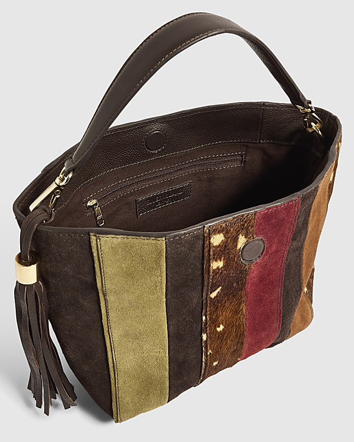 Brown Leather Patchwork Bucket Bag