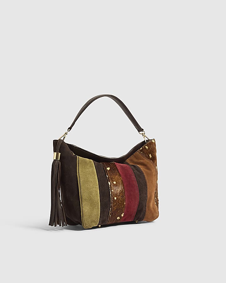 Brown Leather Patchwork Bucket Bag