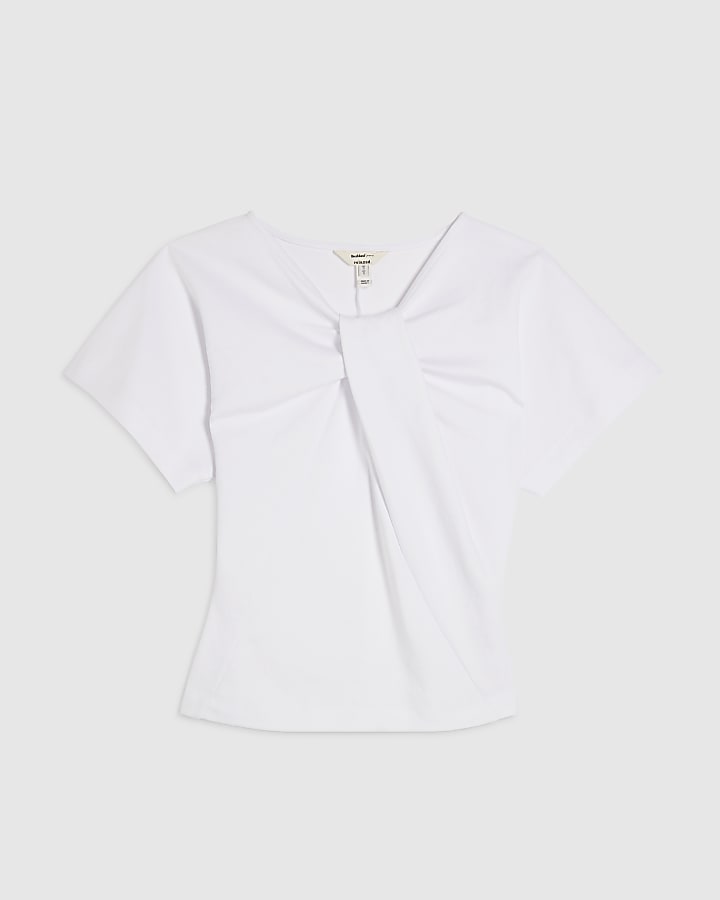 White Cotton Blend Twist Front Top