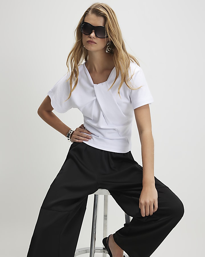 White Cotton Blend Twist Front Top