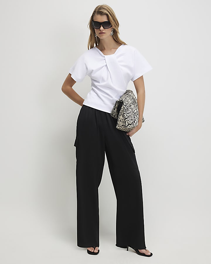 White Cotton Blend Twist Front Top