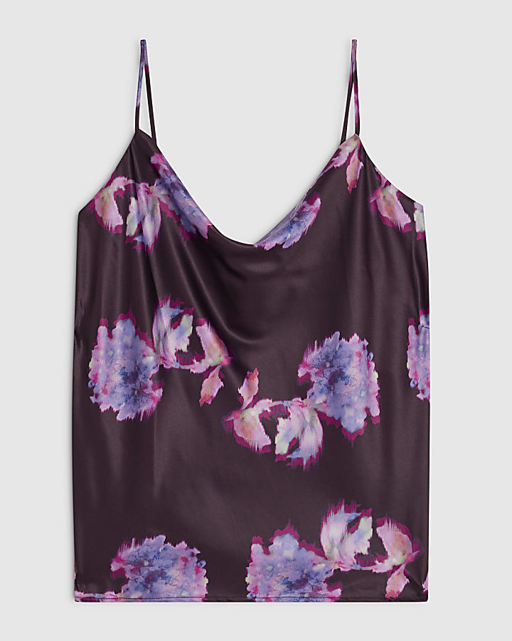 Purple Satin Floral Cowl Neck Cami Top
