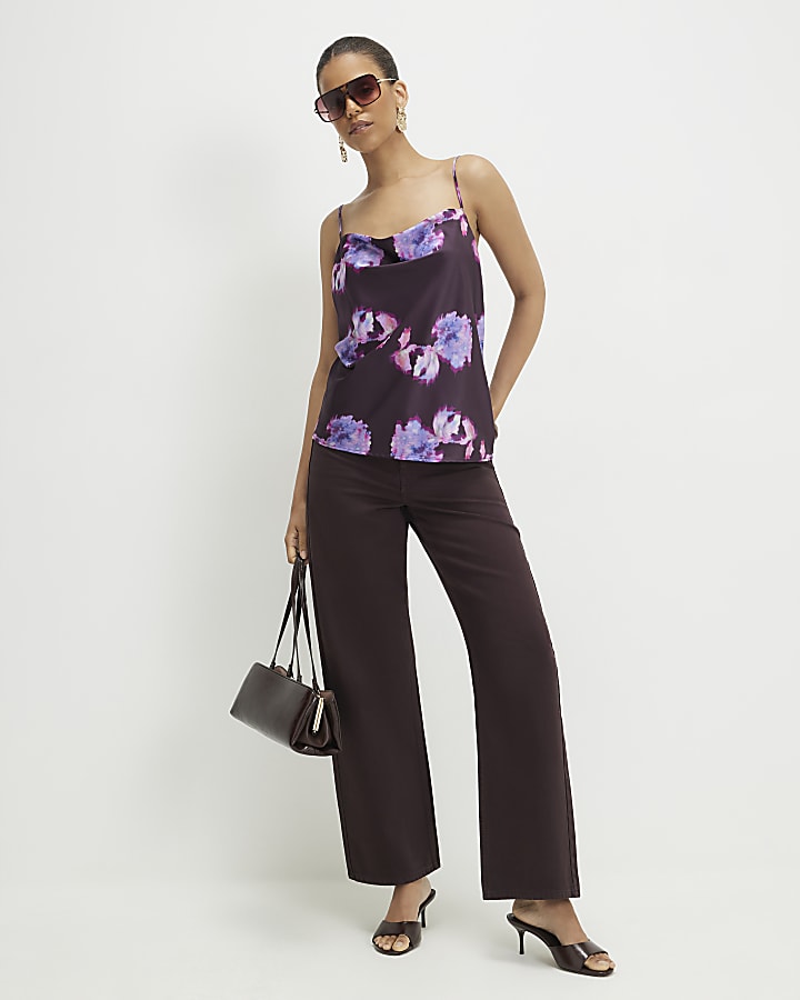 Purple Satin Floral Cowl Neck Cami Top