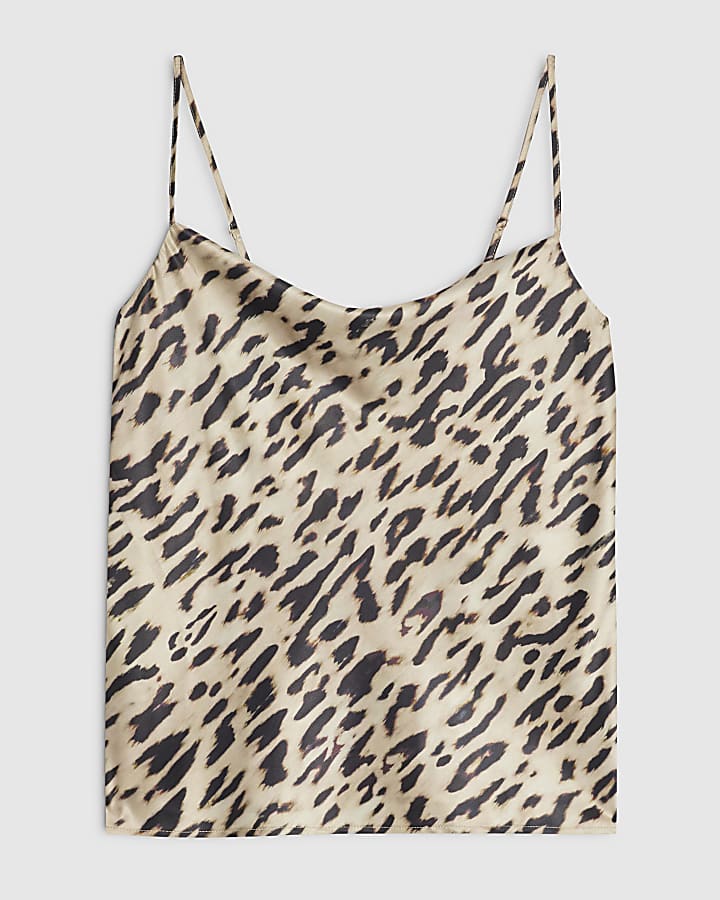 Beige Satin Leopard Print Cowl Neck Cami Top