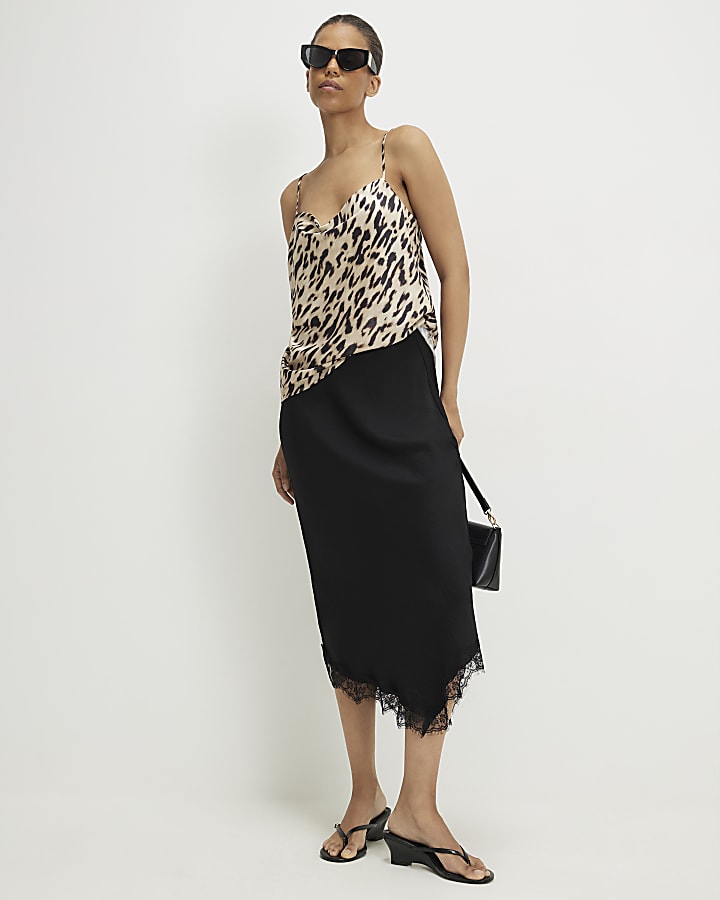 Beige Satin Leopard Print Cowl Neck Cami Top