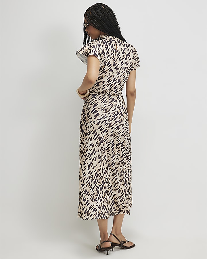 Beige Satin Leopard Print Maxi Dress